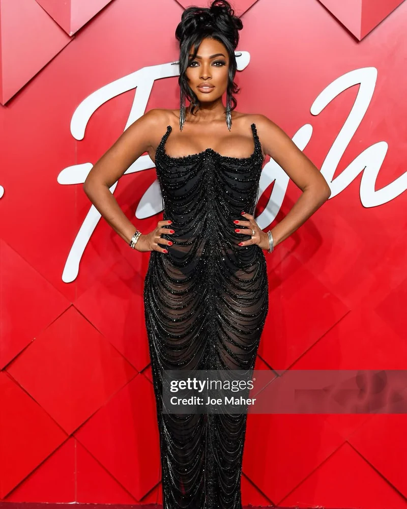 Lesa MilanTV personality, fashion designer, and founder of luxury label Mina Roe, attending the British Fashion Awards in a dazzling black embellished gown!